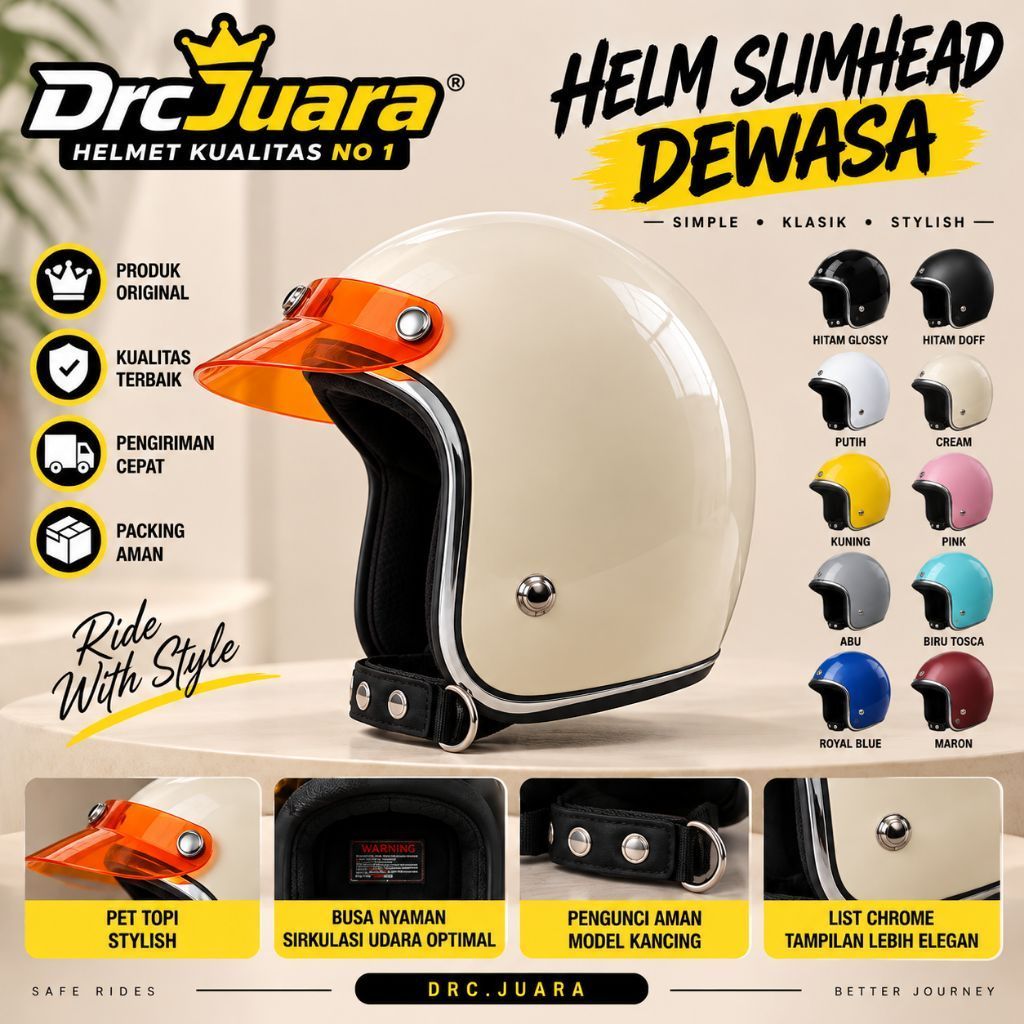 Helm Slim Head Dewasa Unisex | Helm Retro Klasik | Pet Visor Stylish