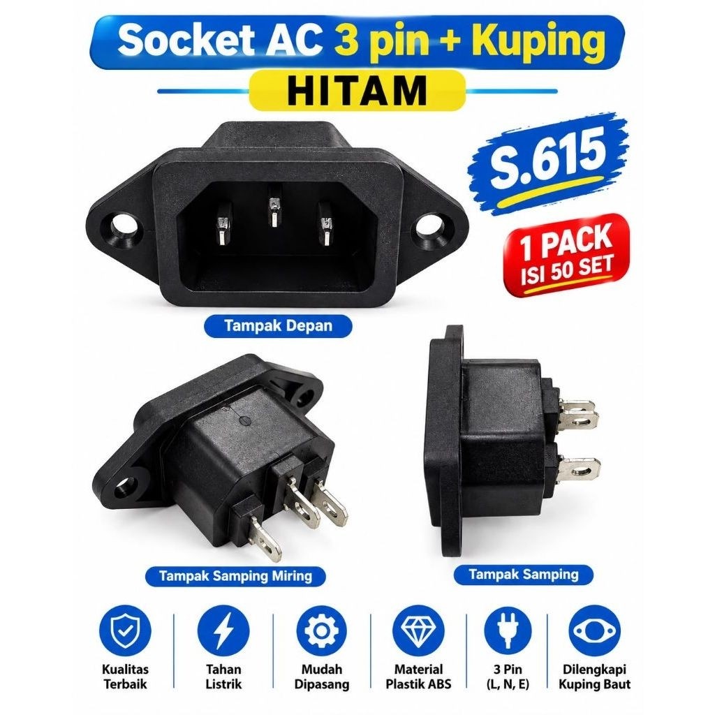 Soket AC 3 Pin 3 Kaki