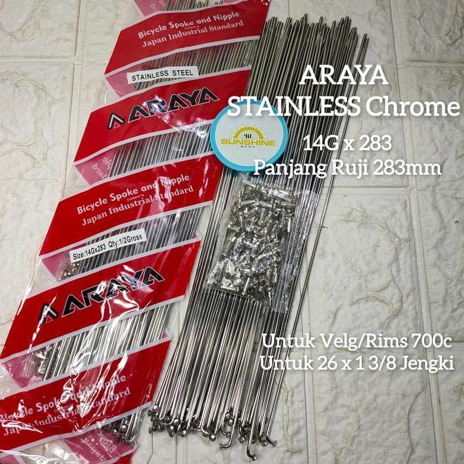 Spoke Ruji Jari 283mm ARAYA STAINLESS Chrome 14G x 283 Untuk Velg Rims Sepeda 700c Tinggi 3cm Roadbi
