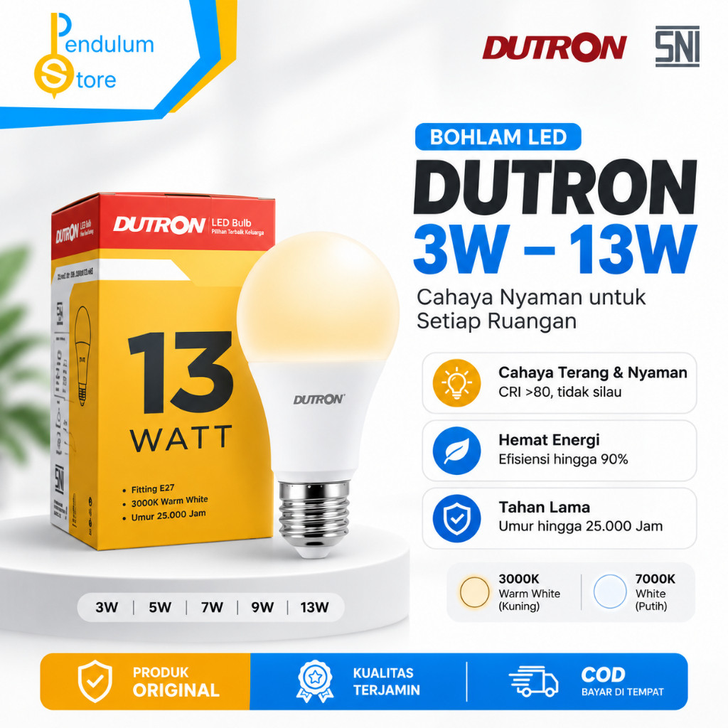DUTRON Bohlam LED E27 SNI 3W 5W 7W 9W 13W Warm White 3K White 7K