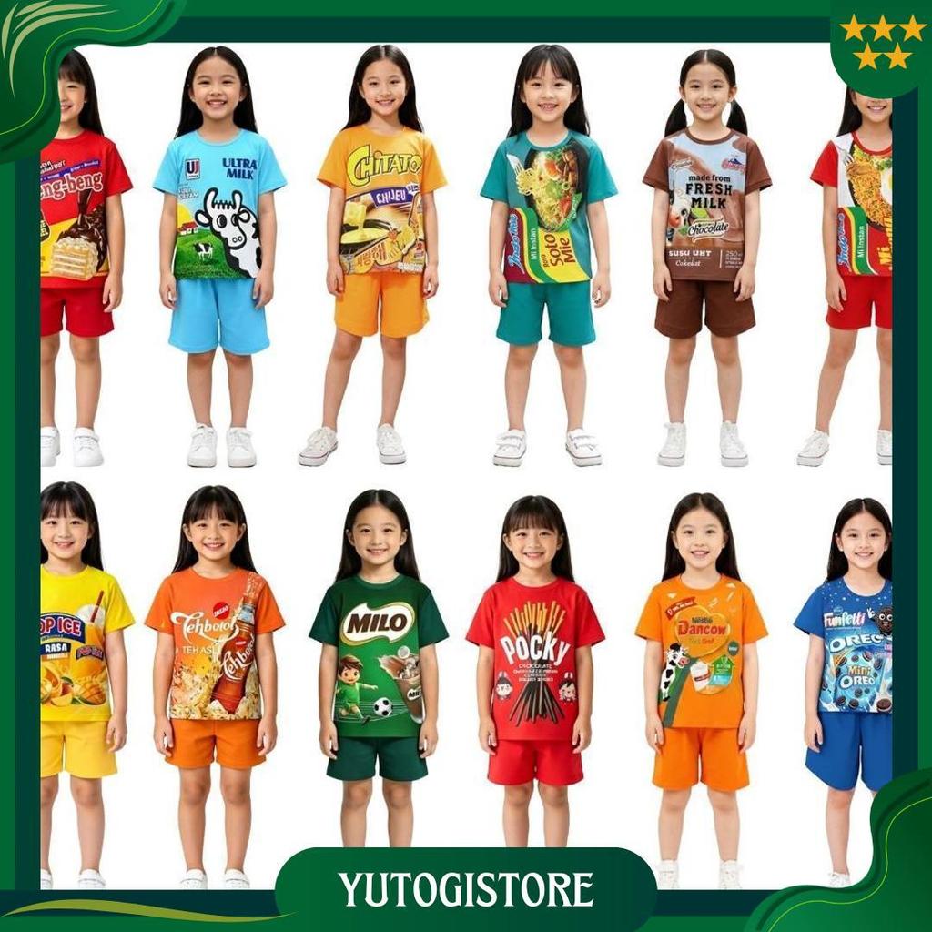 Setelan Baju Anak Laki-Laki Dan Perempuan Unisex 1-8 Tahun Motif Viral Indomi Chitato Ultramild Soto