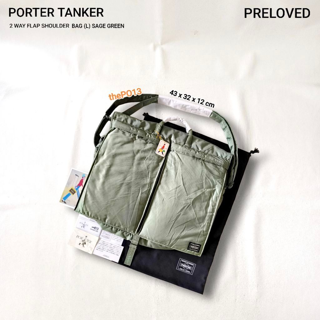 PRELOVED PORTER TANKER 2 WAY FLAP SHOULDER BAG (L) SAGE GREEN AUTHENTIC 100% VGC