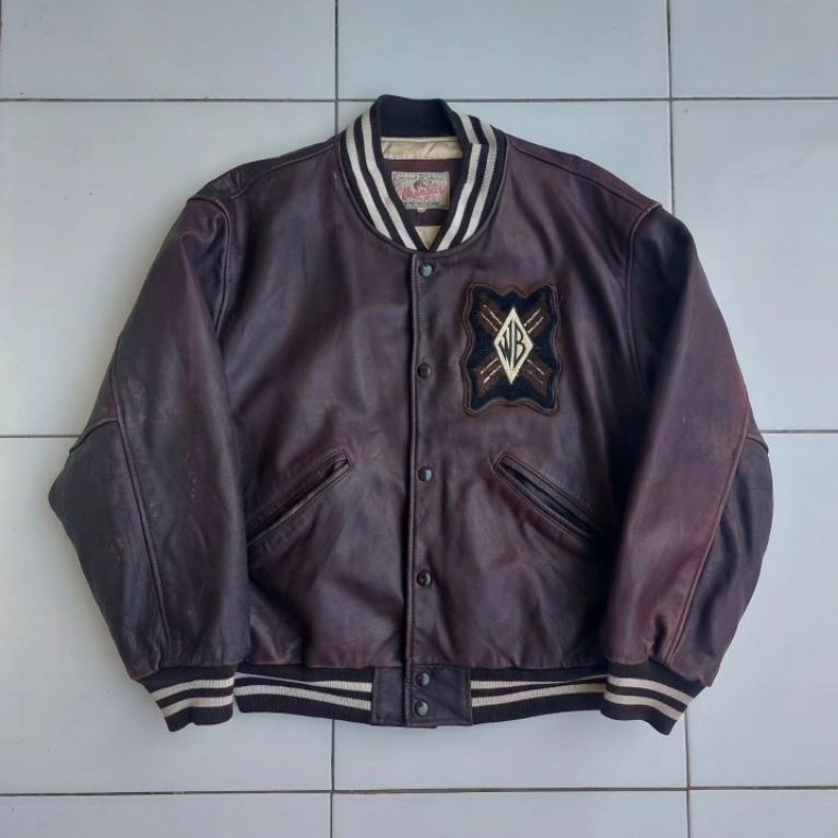 WRANGLER Vintage Varsity Leather Jacket Classic Retro Jaket Kulit