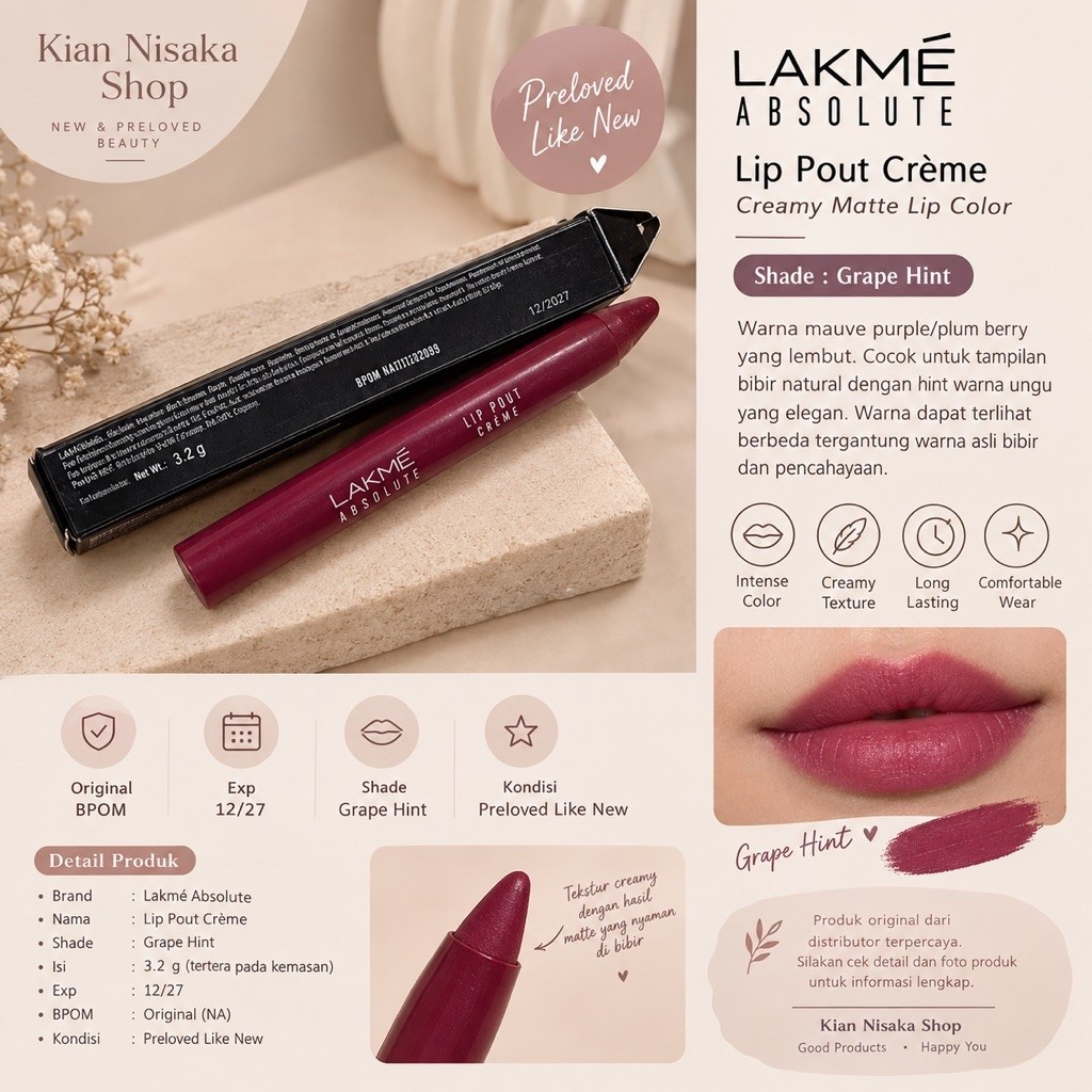 Preloved like new exp 12/27 Lakme Lip Pout Creme Grape Hint Lip Cream Ungu Mauve Plum Berry Preloved