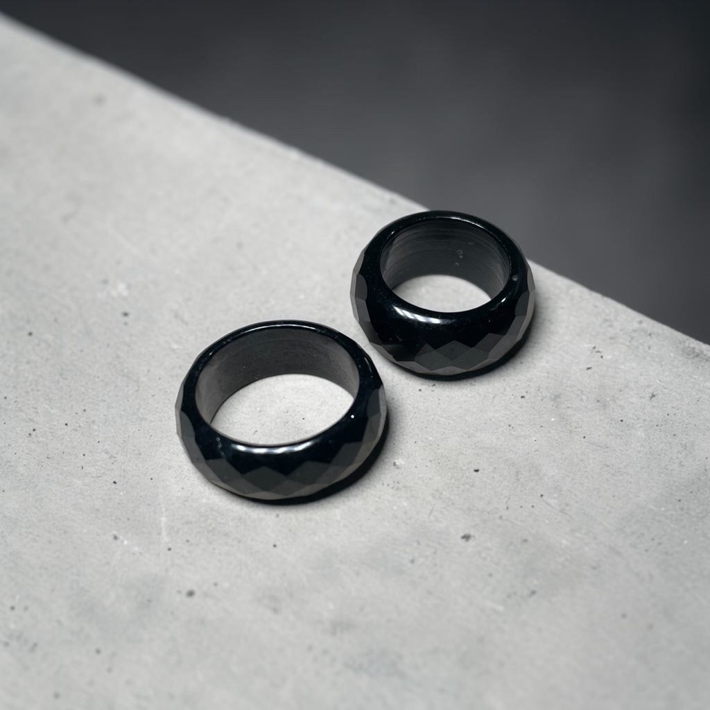 [Certified] - Diamond Cut Black Jade Ring Natural Jade Type A