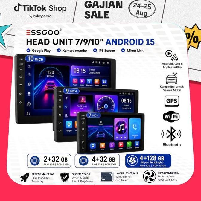 ESSGOO Head Unit Android 15 mobil 4G+64G  7/9/10 Inch 2 Din Kontrol Suhu Cerdas IPS Layer Mobil Navi