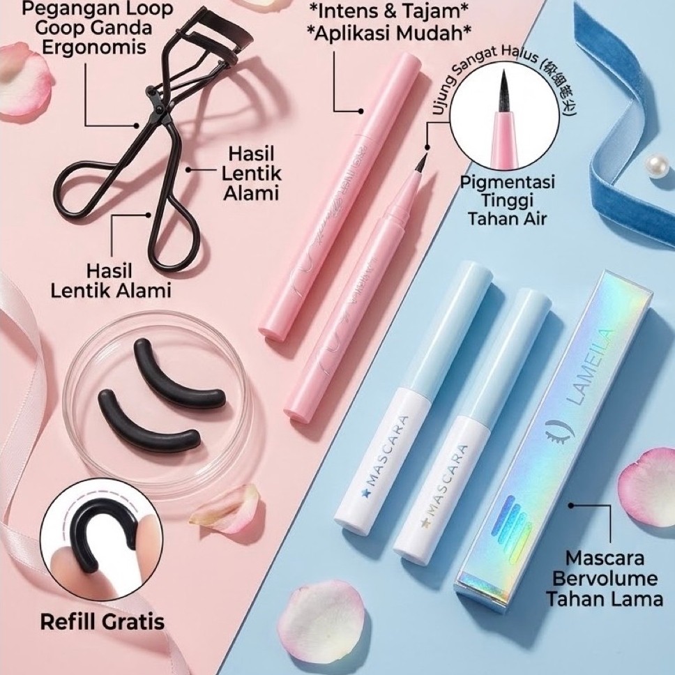 Paket kosmetik Maskara tosca eyeliner LAMEILA piny penjepit bulu mata free 2 refill