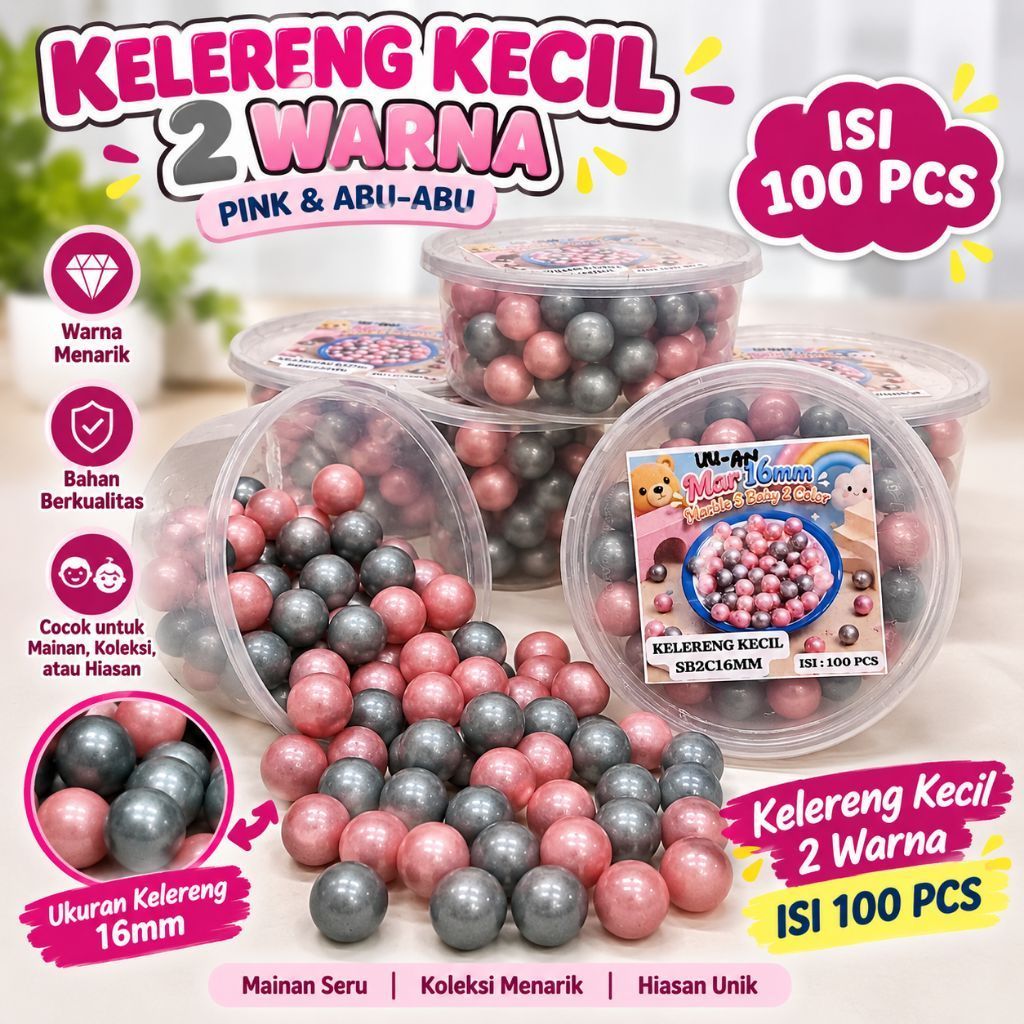 MAINAN ANAK KELERENG KECIL 16MM 2 WARNA PINK & ABU-ABU ISI 100 PCS | MAINAN KOLEKSI HIASAN