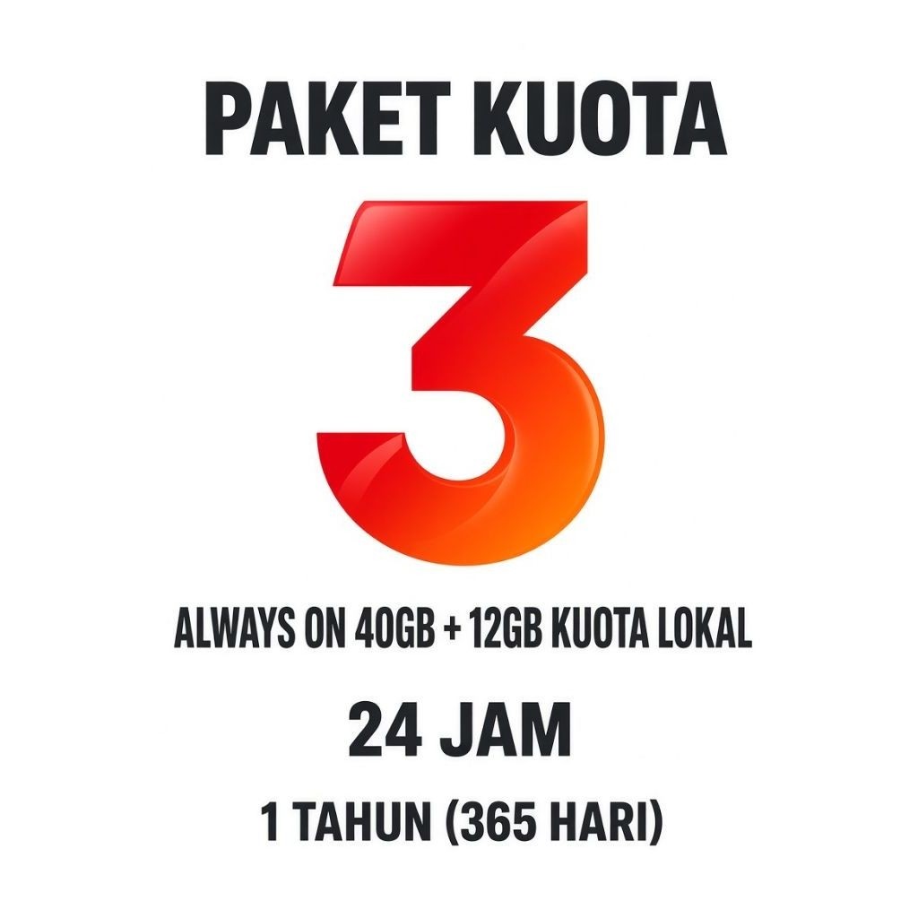 KUOTA TRI ALWAYS ON 52GB (40GB+12GB) 1 TAHUN FULL 24 JAM | Paket Data Tri 52GB Murah AON Resmi