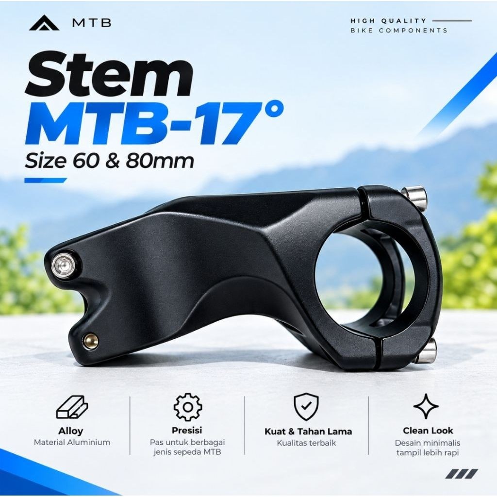 STEM Nunduk MTB Minus 17 Degree Alloy Stem 60mm 80mm (28.6/31.8mm) Oversize MTB XC AM Ringan Blank S