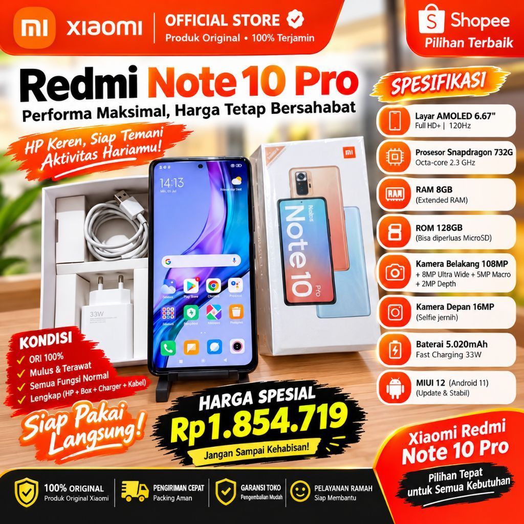 Xiaomi Redmi Note 10 Pro Ram 8/128 GB Fullset Second Seken Bekas Murah Original Ex Garansi Resmi PAL