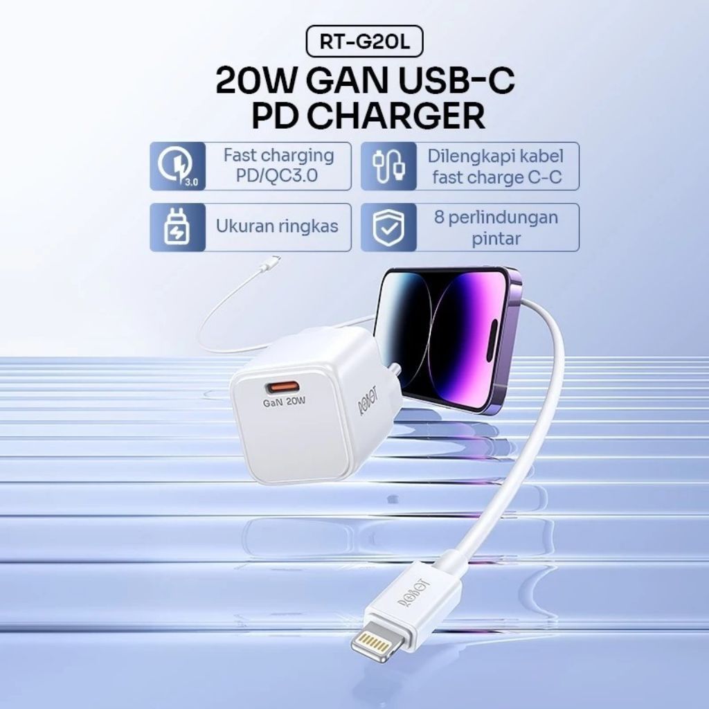 ROBOT RT-G20L Charger iPhone GaN 20W Fast Charging PD QC3.0 Type C-Lightning Kepala Cas Mini Kabel T