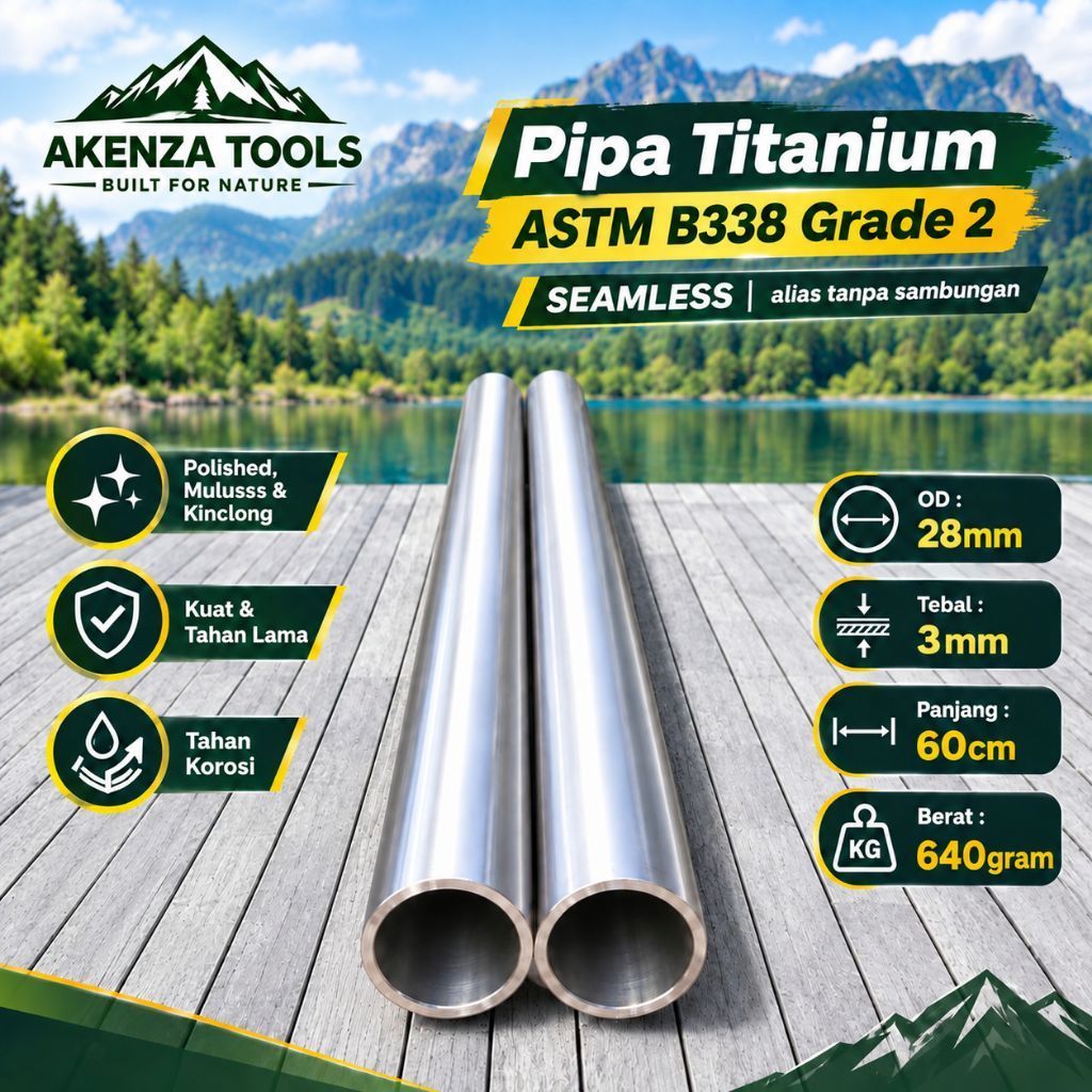 Pipa Titanium ASTM B338 Grade 2 Tanpa Sambungan OD 28mm Tebal 3mm Panjang 60cm