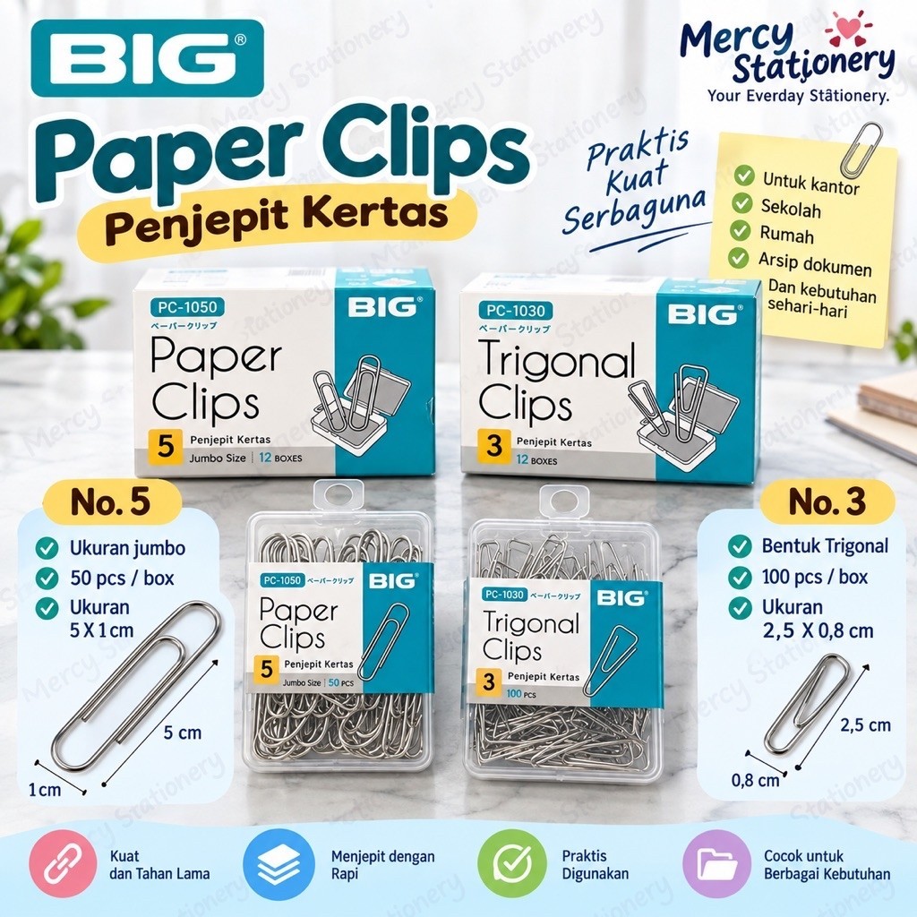 BIG Paper Clip No. 3 Trigonal & No. 5 Jumbo Penjepit Kertas 50/100 Pcs
