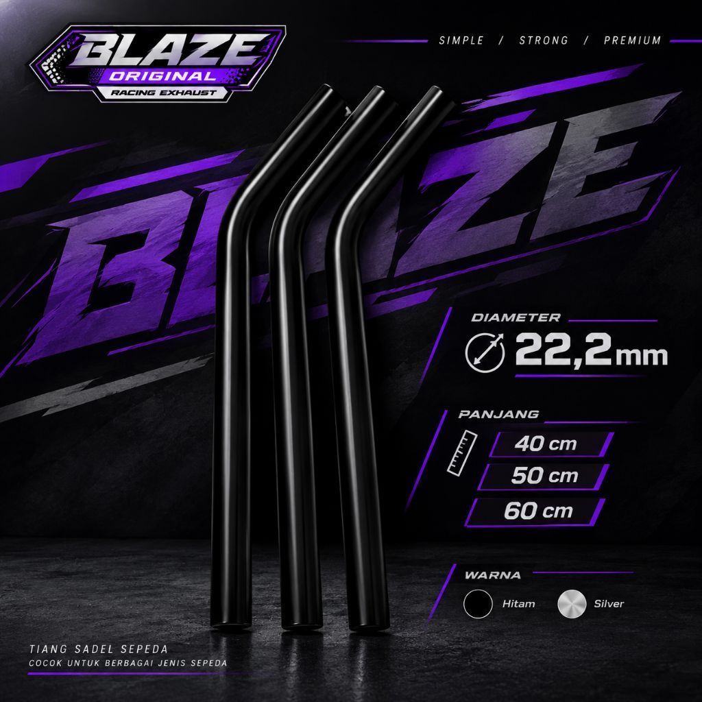 Seatpost BMX 22.2mm Tiang Sadel Besi Melengkung Krom Hitam Panjang 40/50/60 cm