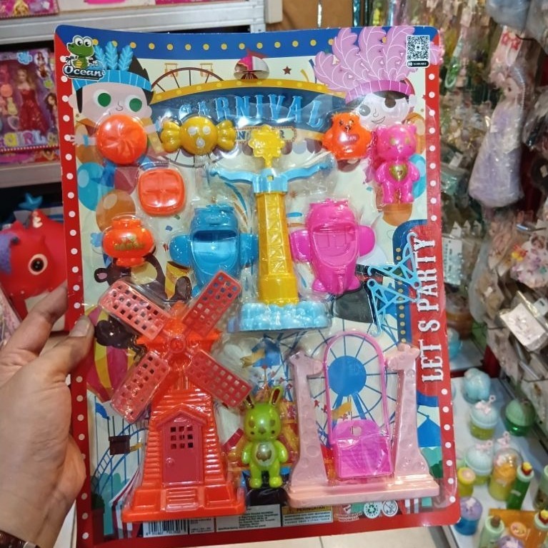 Mainan Set Karnaval Miniatur Warna-Warni dengan Baling-Baling dan Gedung Main