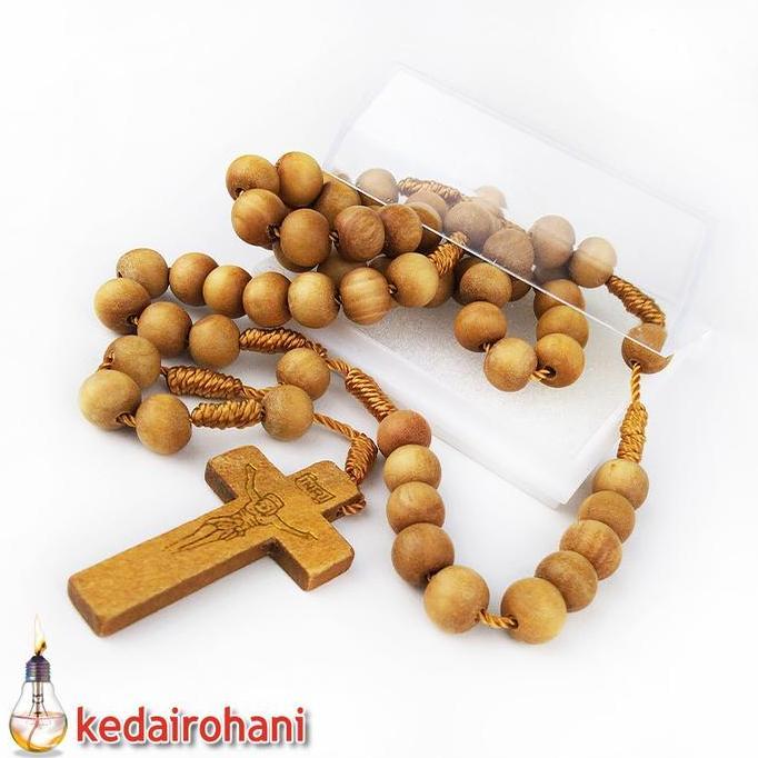 ___] Kalung Rosario Manik Beads Kayu Cendana Wangi Tali Ikat Salib Kayu