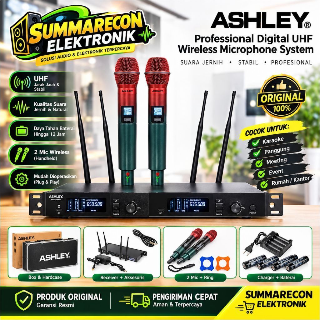 ASHLEY Modern-Mic Mic Wireless 4 Antena UHF Dual Handheld Free Hardcase Original Mikrofon Wireless K