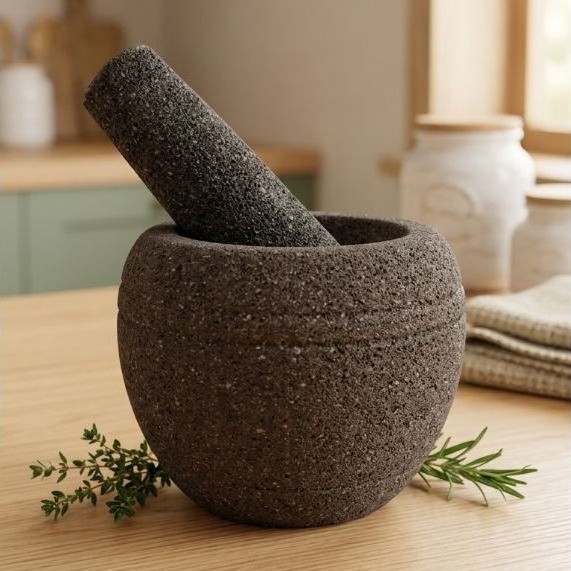 Lumpang Batu Bulat Mini 12cm - Batu ASLI Gunung Merapi - Lesung