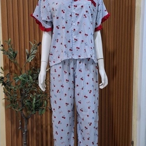 piyama daster one set motif cherry renda lucu dan adem