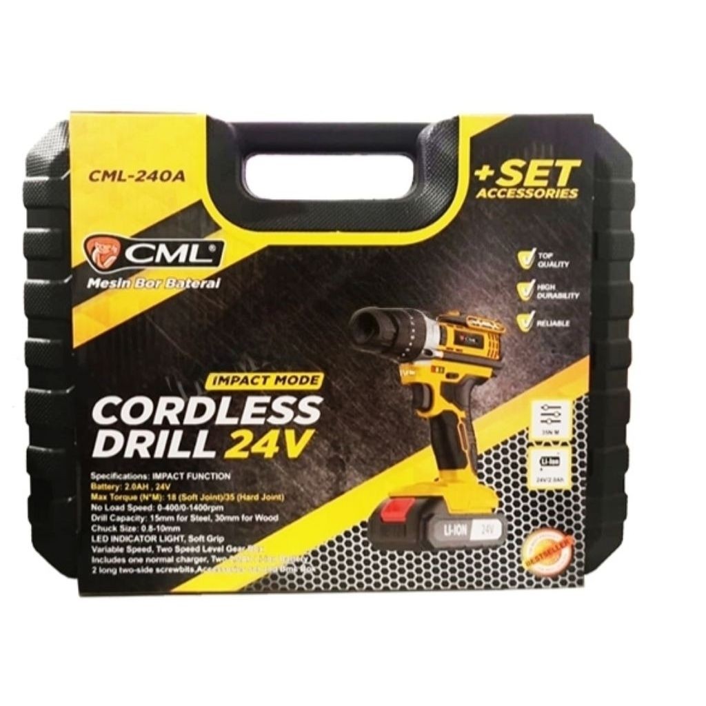 Mesin Bor Baterai CML CML-240A Bor Tanpa Kabel 24V dengan Set Aksesoris Original