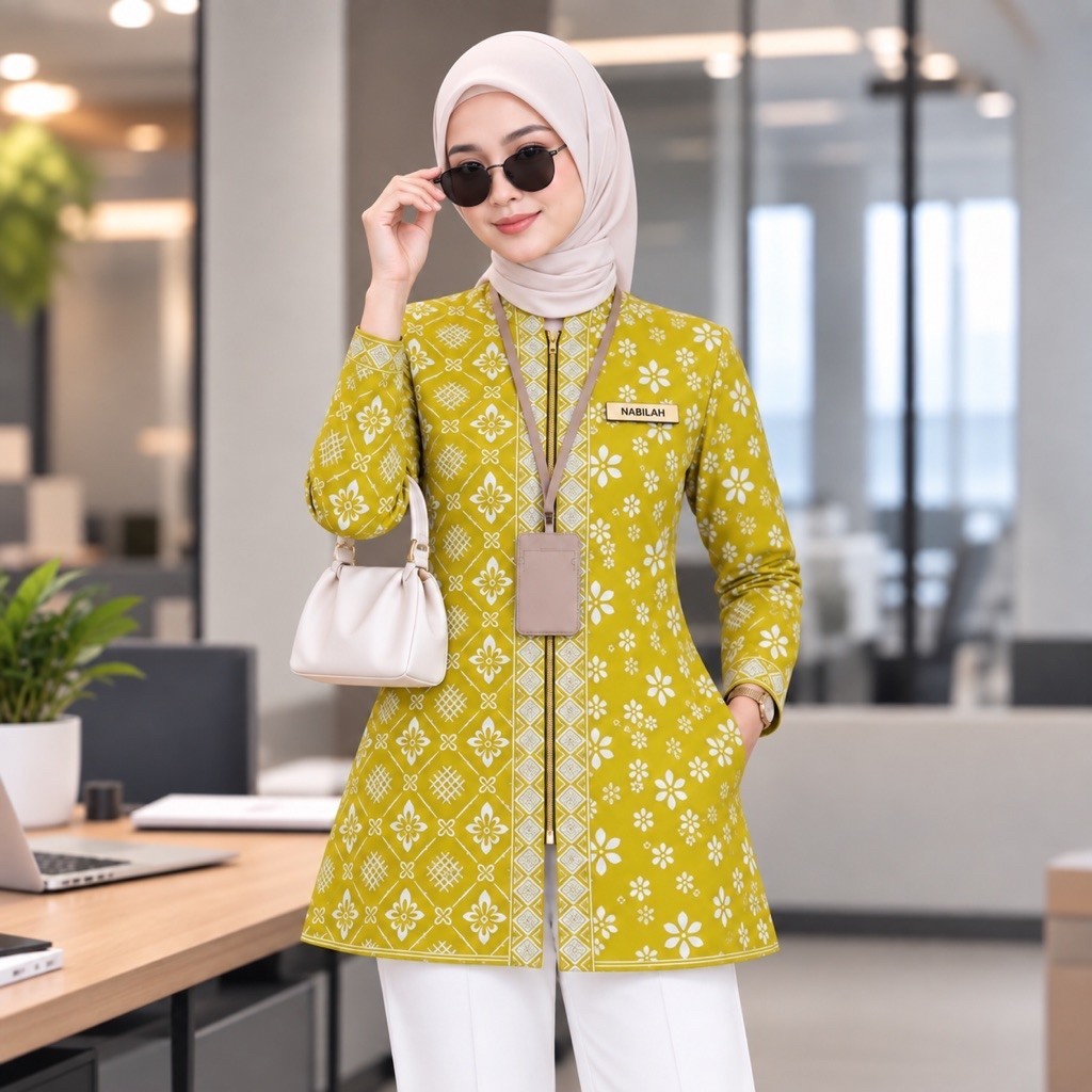 Tunik Pendek Batik Wanita Lapis Trikot Motif ROMECCA LEMON - Atasan Kerja Wanita Kuning Lemon