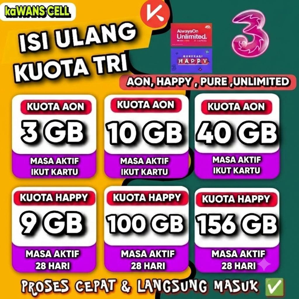 isi ulang Paket Data TRI kuotA Internet AON happy Murah & Unlimited untuk semua wilayah
