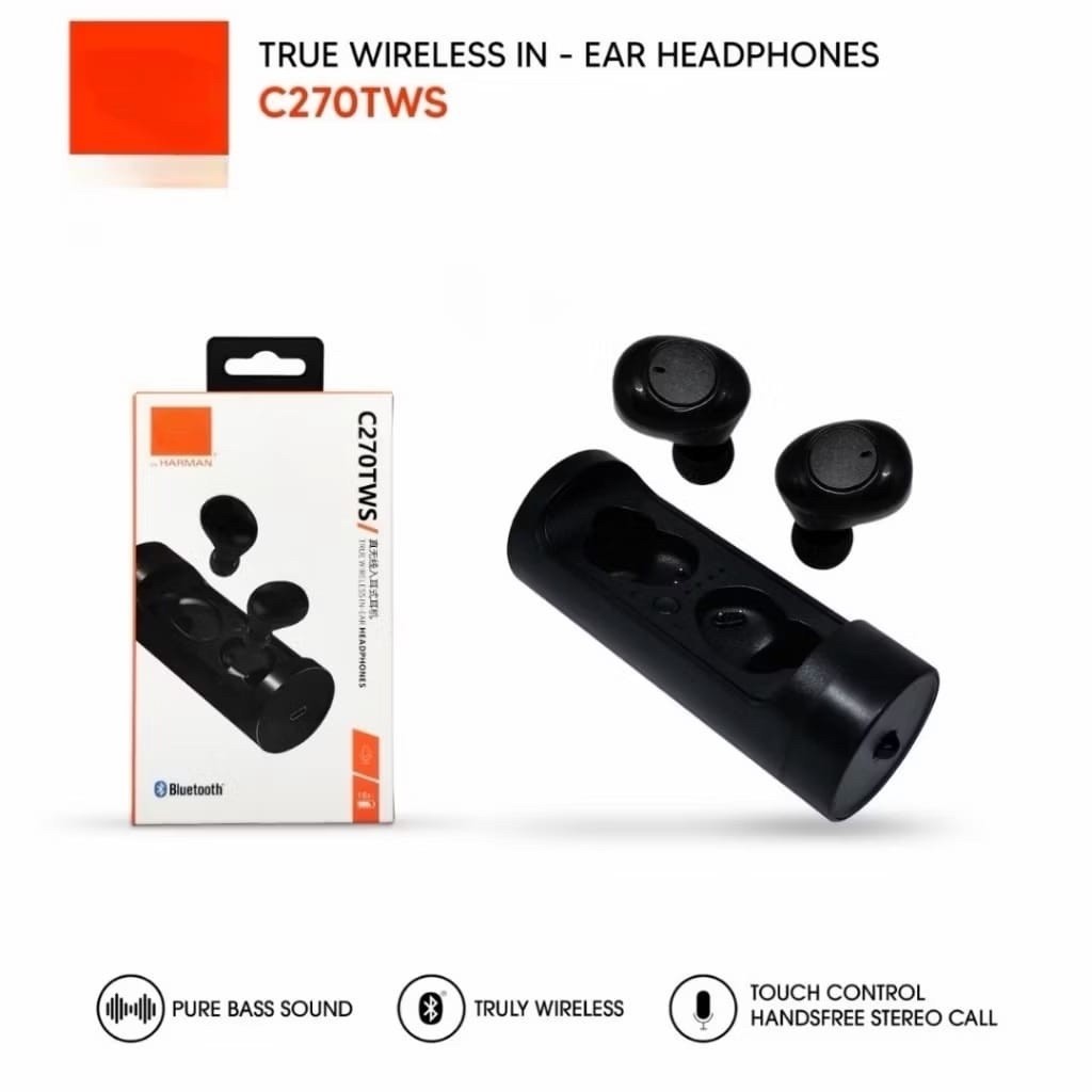 TWS Headset Earphone Handsfree C270 Bluetooth Wireless Super Bass + Kabel Data