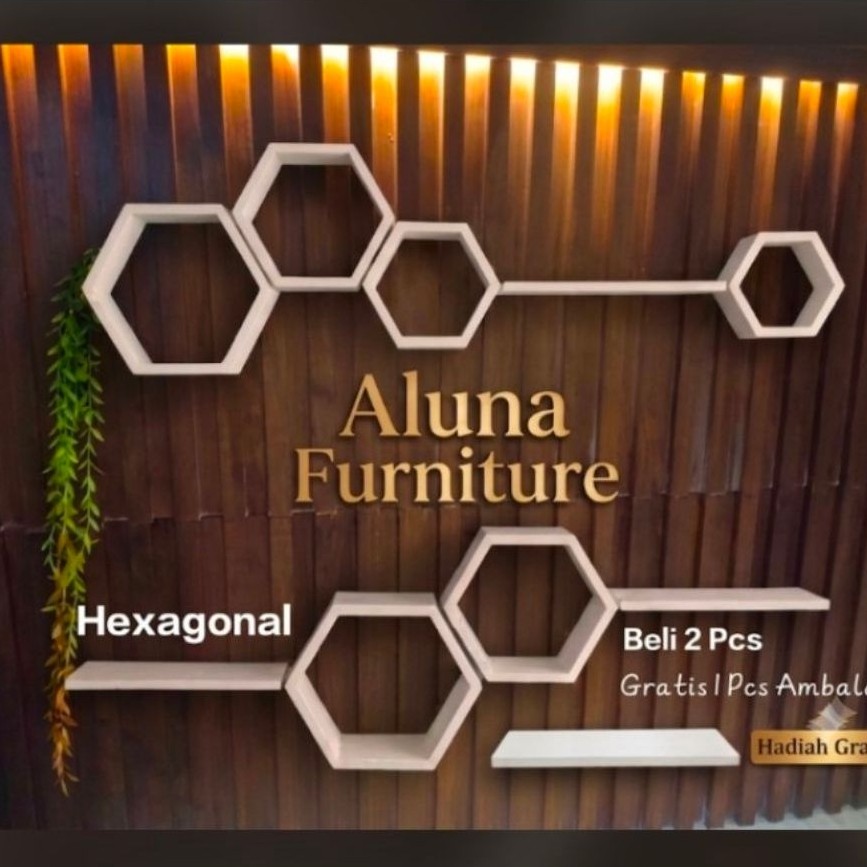 Rak Dinding Aluna Furniture Bentuk Hexagonal Rak Dekorasi Dinding