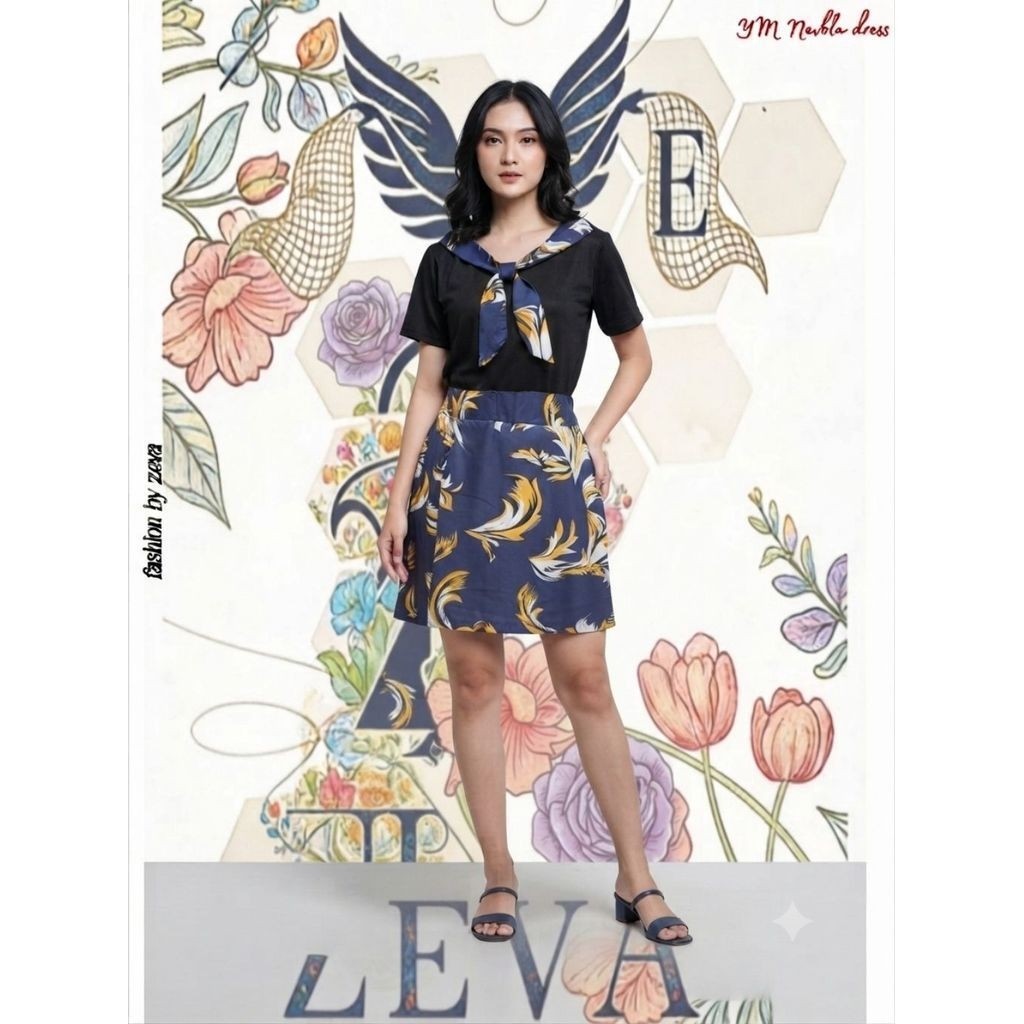 Dress Wanita Elegan Motif Floral Navy Gold | Dress Korea Casual Premium | Outfit Kondangan & Hangout