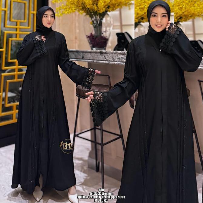 Abaya premium gamis arab jet black madinah renda tangan terbaru 213