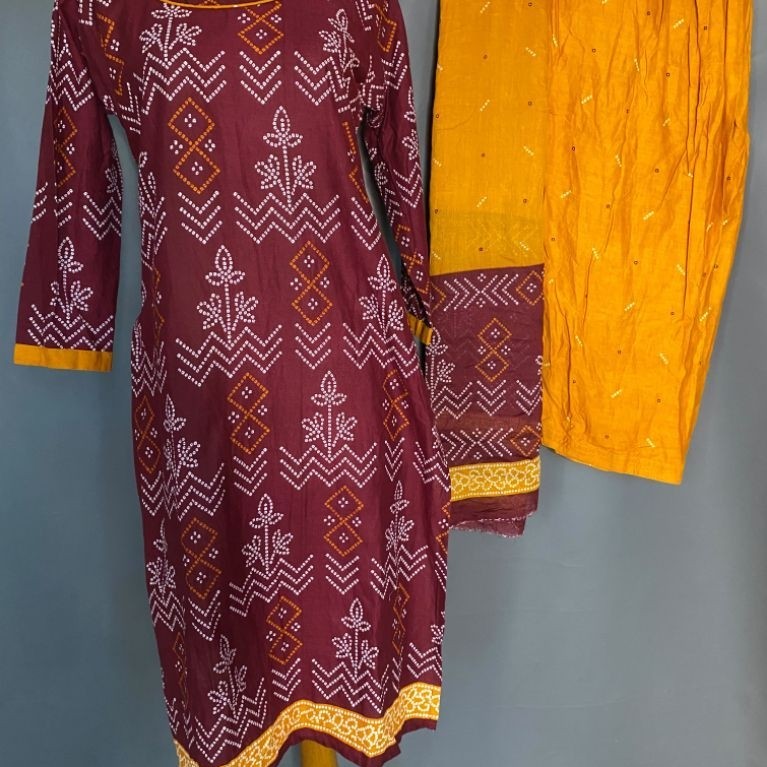 Kurti Baju India Set Maroon Mustard Motif Preloved