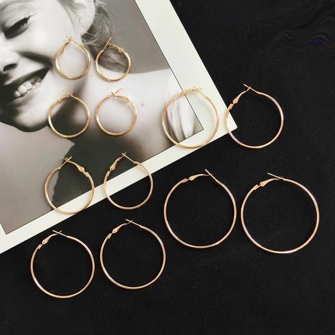 Lion- 6 Pasang Anting Bulat Lingkaran Polos Anting Bulat Perhiasan Earrings
