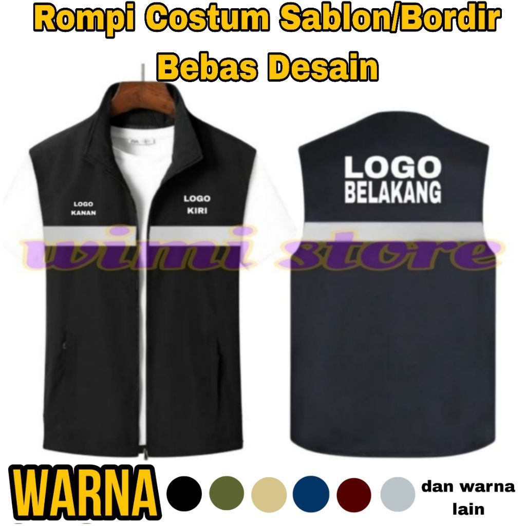 Rompi Costum / Rompi Sablon Satuan / Rompi bordir / Rompi Reflective Strip putih pemantul cahaya / R