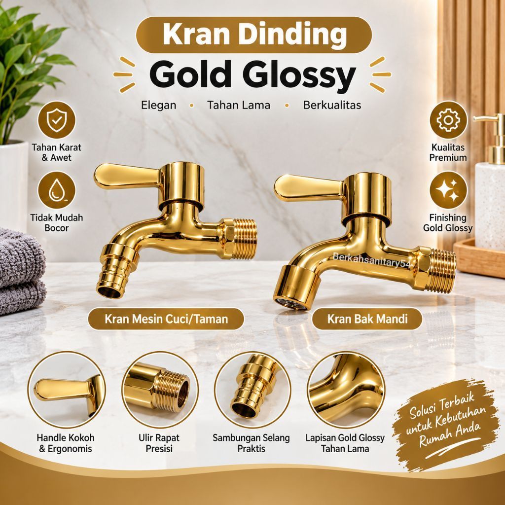 Kran Dinding Gold Glossy/Kran Taman/Kran Mesin Cuci Gold