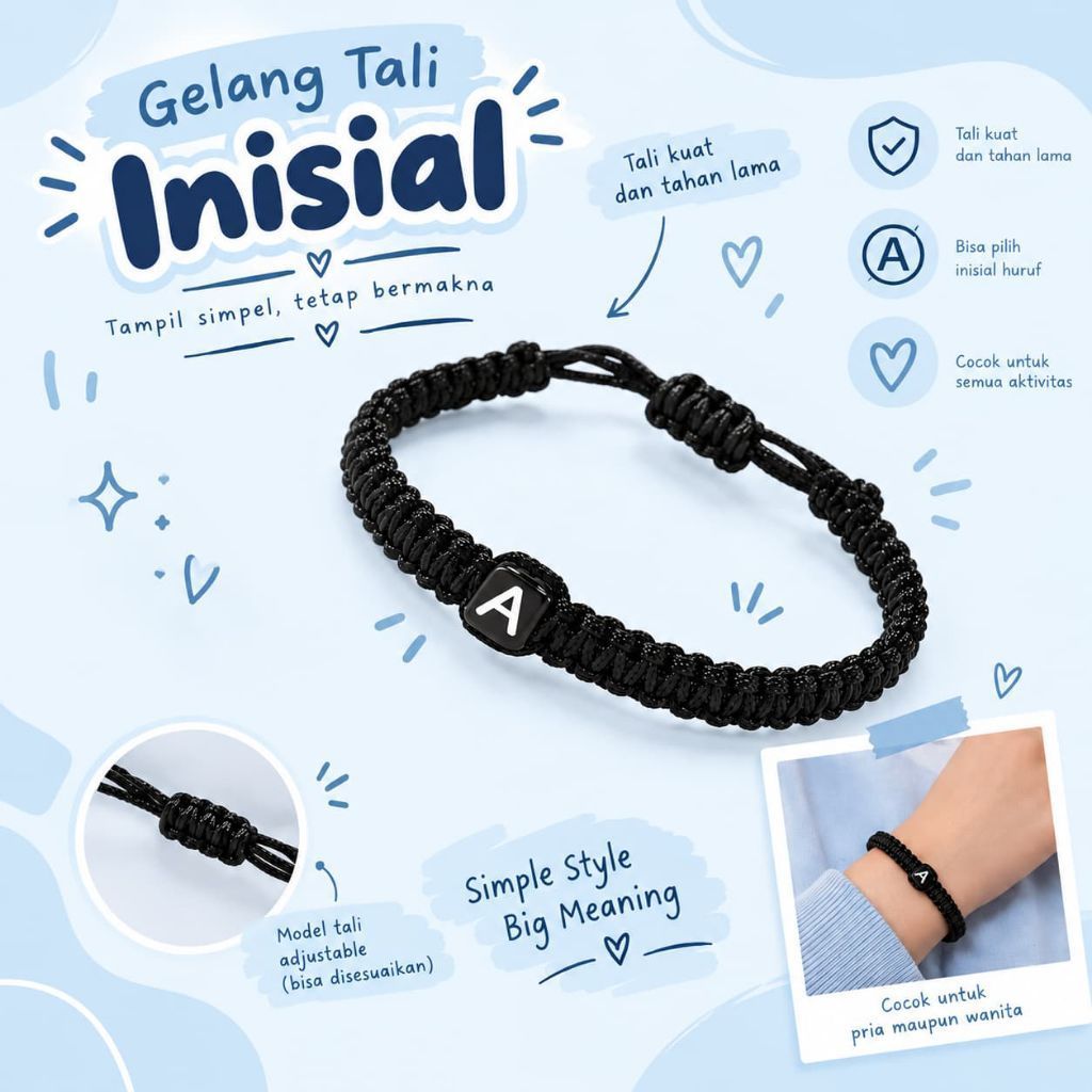 Gelang Serut Tali Inisial Huruf Hitam