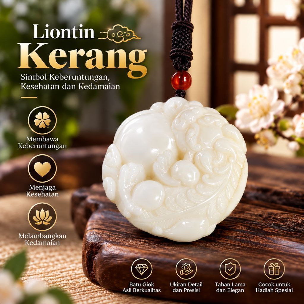 Kalung/Liontin Kerang Putih Serat Emas Asli Motif Pixiu