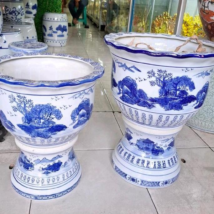 pot kaki keramik biru putih/pot bunga besar/pot tanaman