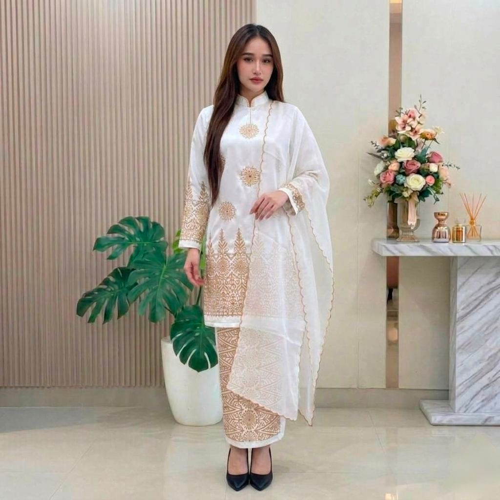 Setelan Tunik Sharmilla Bordir Wanita Muslimah Set Tunik Putih Emas Mewah / Baju Pesta Lebaran Moder