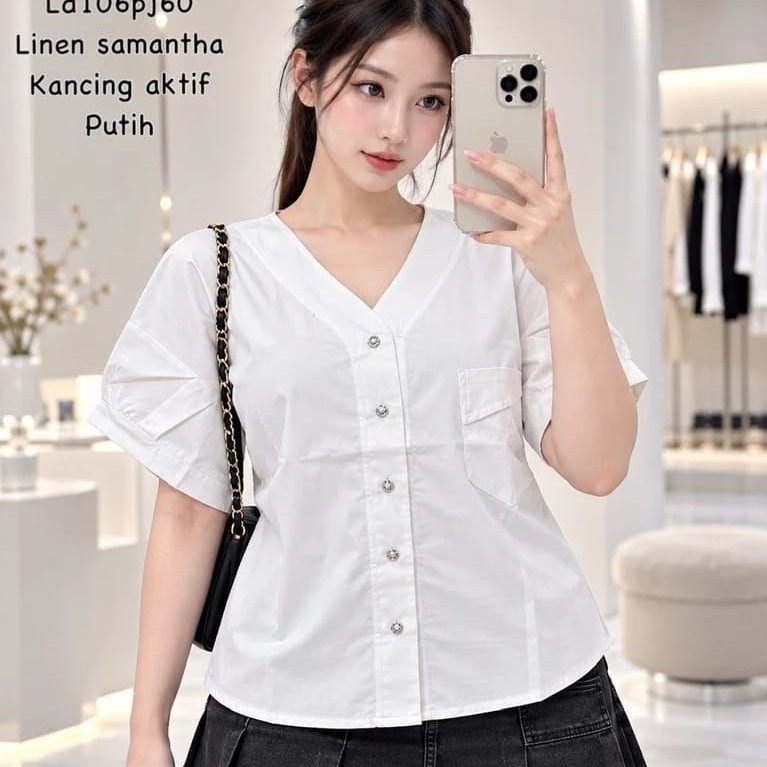 Blus Wanita Linen Samantha Putih Lengan Pendek Kerah V Kancing Depan Kasual