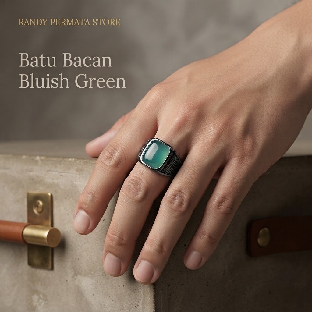 Batu Cincin Pria Akik Bacan Palamea Bluish Green Kristal Giwang Octagon Ring Titanium Simple Elegant