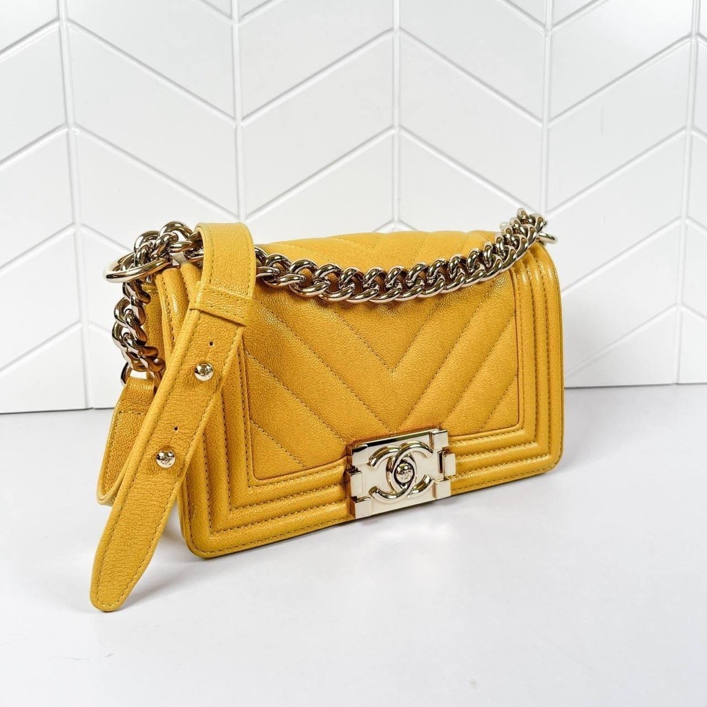(PRELOVED) Chanel Boy Chevron Small Caviar Yellow LGHW #28 (2019)