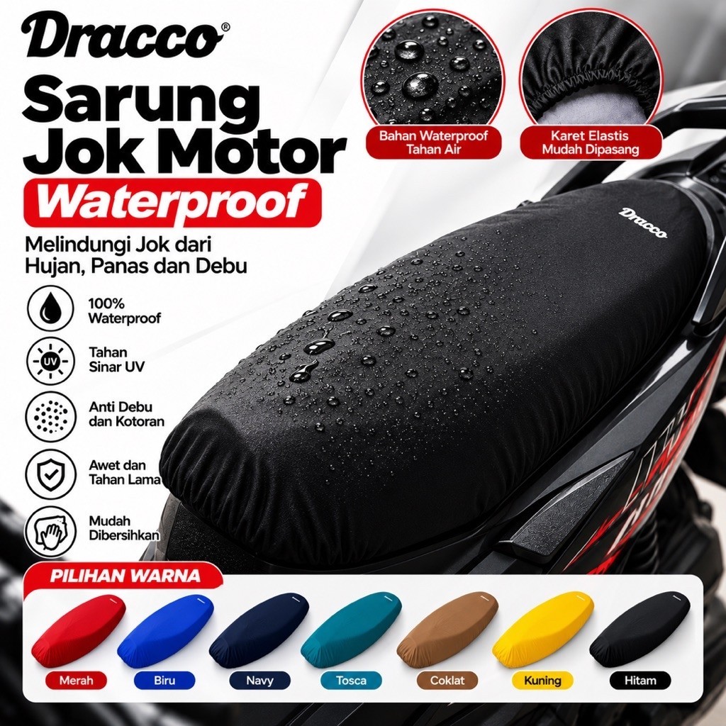 Cover Jok Motor Dracco Waterproof | Sarung Jok Tebal Anti Gores, Anti Selip, Cocok Semua Motor +tas