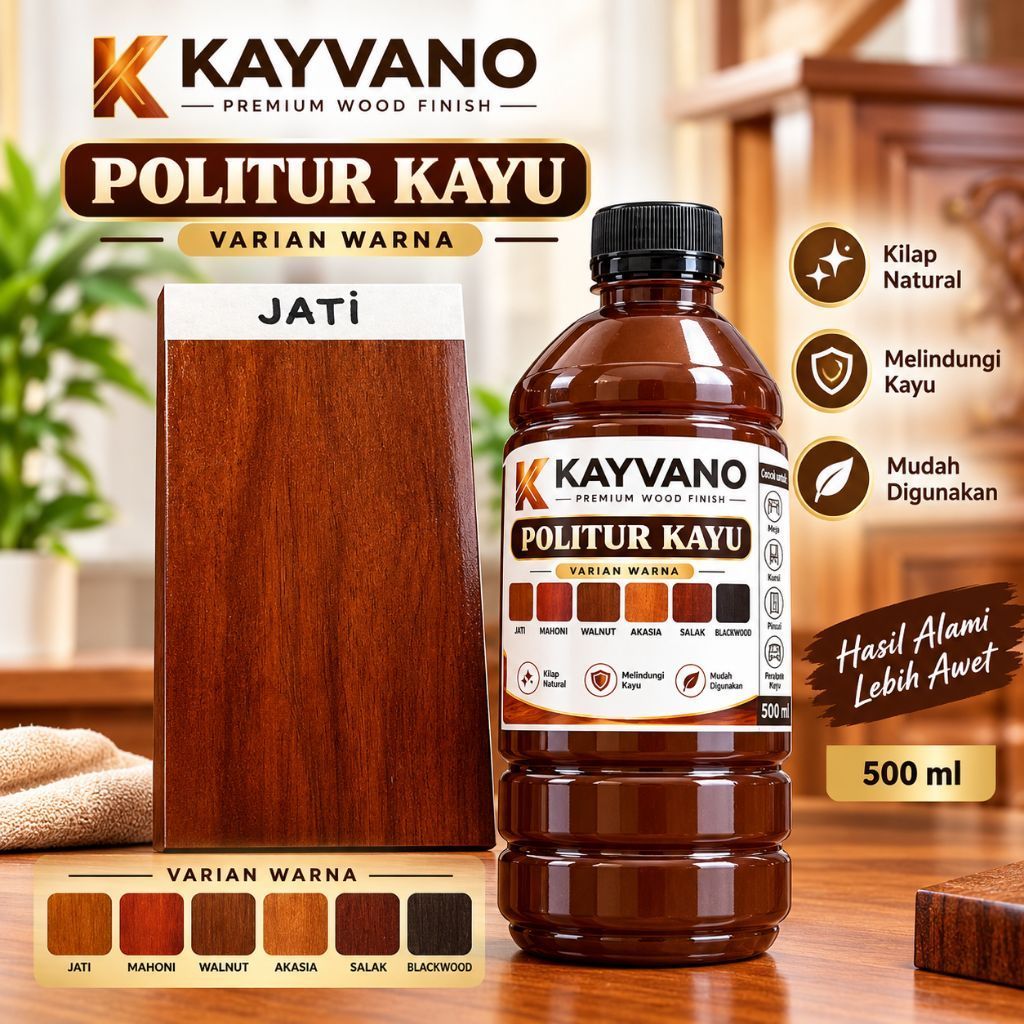 KAYVANO Politur Kayu Jati Mahoni Premium | Pengkilap & Pelindung Kayu | Siap Pakai