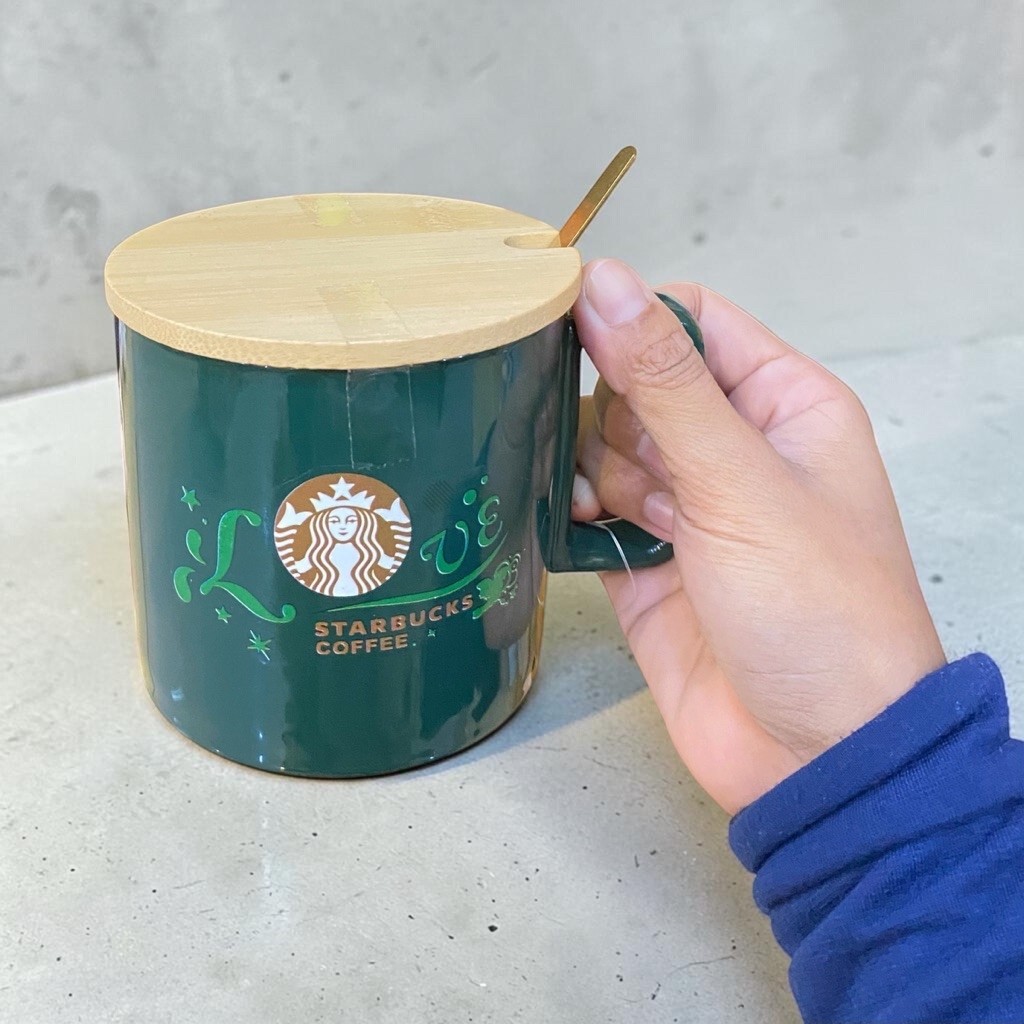 Gelas Keranik Starbucks Army Tutup Kayu + Sendok aduk / Mug Gagang