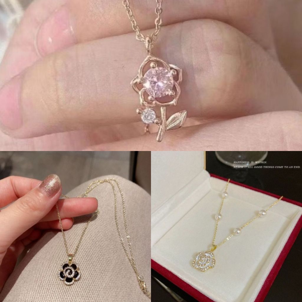 Kalung mawar rose gold silver kalung fashion wanita korea gaya bunga mawar kalung bunga mawar kalung
