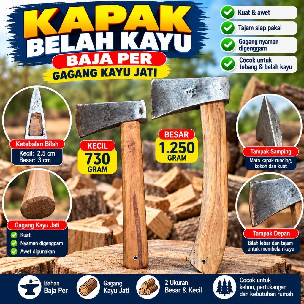 Kapak Belah Kayu Baja Per Sepuh Gagang Kayu Jati | Kapak Kecil Besar Tajam Kuat