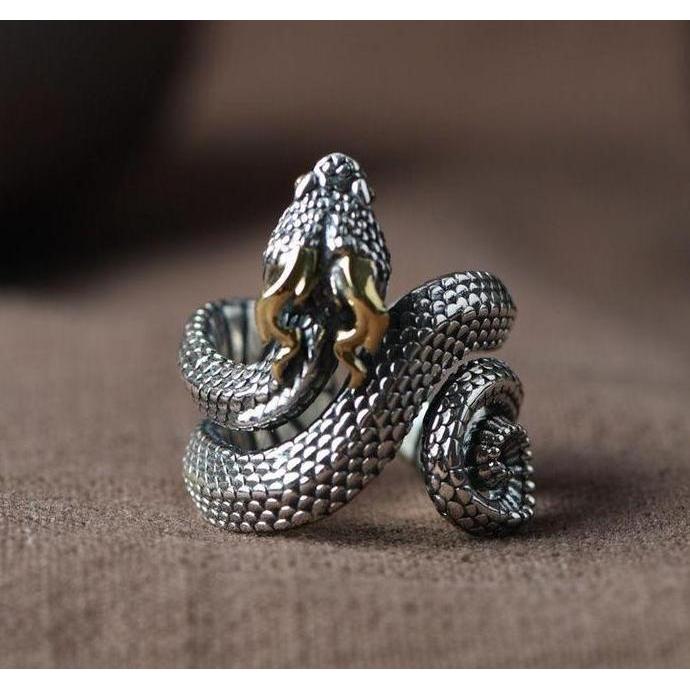 Cincin Pria Desain Ular Naga Tanduk Kuning A Gaya Retro Vintage Adjustable Rings