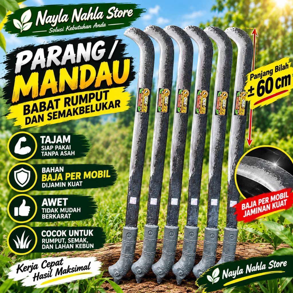 Mandau atau Parang Arit Tebas Gulma, Rumput, Semak Belukar, Ranting dan lain lain, Tajam Siap Pakai 