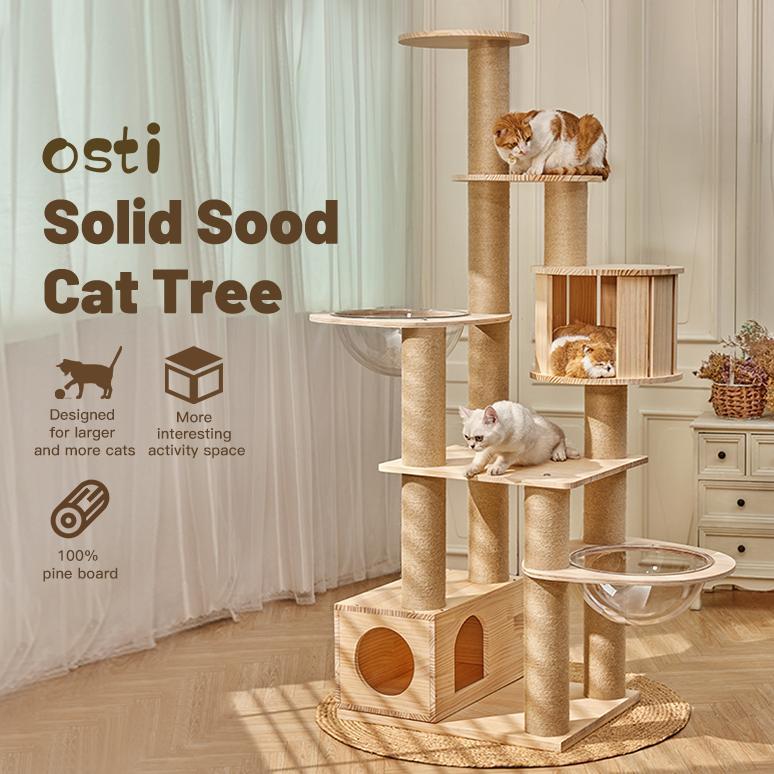 [ZA] Osti Pohon Kucing Kayu Pinus Kapsul Ruang Ganda Mewah untuk Beberapa Kucing Semua Dalam Satu Me